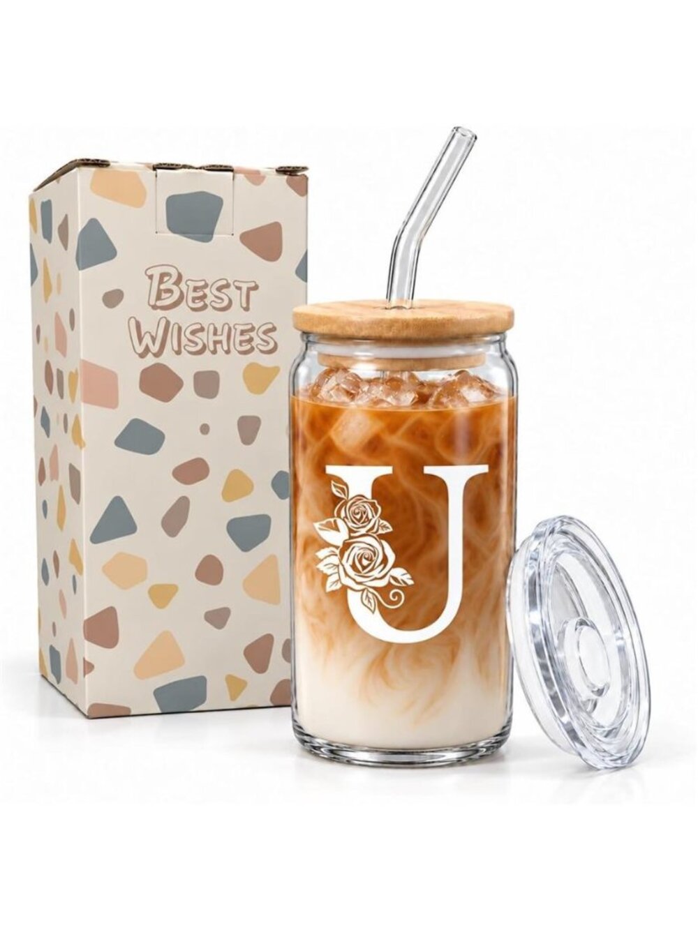 Iced Coffee Cup, 16oz Personalized Initial Glass Cup, Letter U